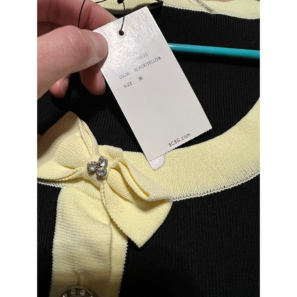 BCBGMAXAZRIA Black Yellow Contrast Trim Pearl Button Cardigan BC10503 Womens M - Picture 7 of 12